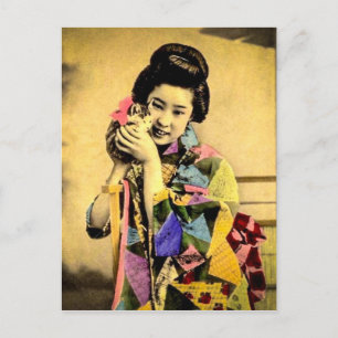  Geisha met een Cute Kitten Old Japan Briefkaart