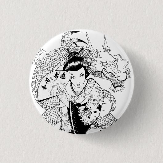 Geisha met Fan Dragon Ronde Button 3,2 Cm (Voorkant)