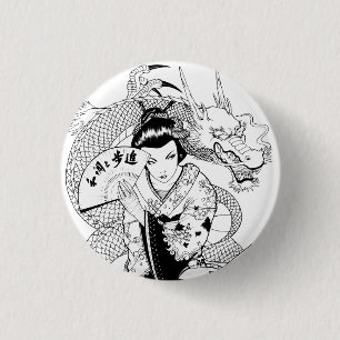 Geisha met Fan Dragon Ronde Button 3,2 Cm