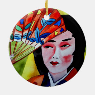 Geisha met Fan Keramisch Ornament