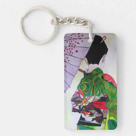 Geisha met groene kimono en paarse paraplu sleutelhanger (Voorkant)