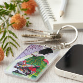 Geisha met groene kimono en paarse paraplu sleutelhanger (Voorkant Rechts)