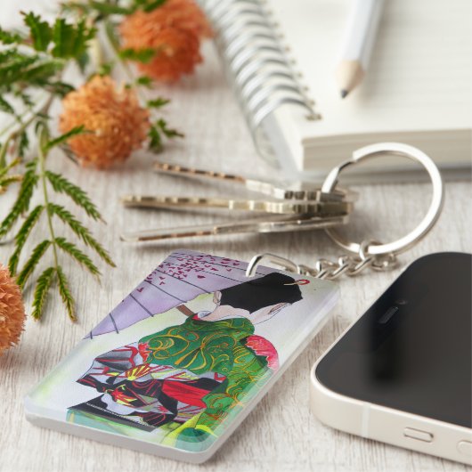 Geisha met groene kimono en paarse paraplu sleutelhanger (Voorkant Rechts)