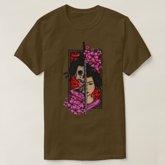 Geisha met katana en sakura cherry blossom samur t-shirt (Design voorkant)