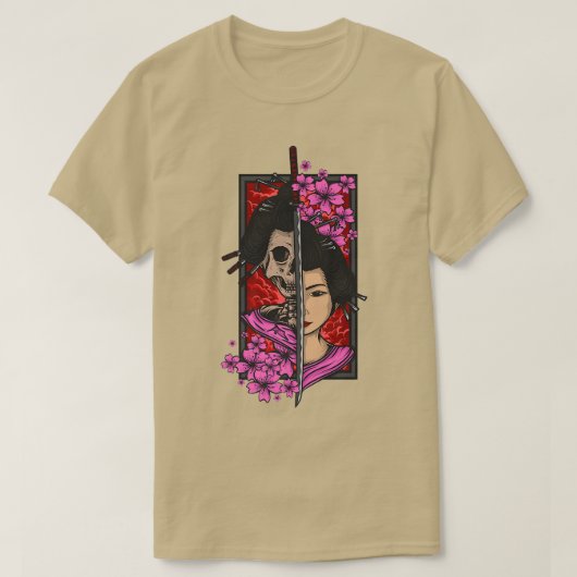 Geisha met katana en sakura cherry blossom samur t-shirt (Design voorkant)