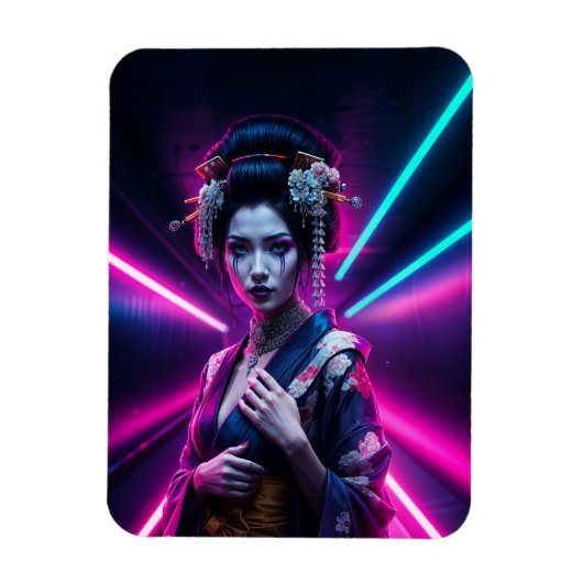 Geisha met Neon Background - Fridge Magnet Art Magneet (Verticaal)