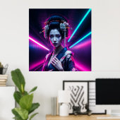 Geisha met Neon Background - Fridge Magnet Art Poster (Thuiskantoor)