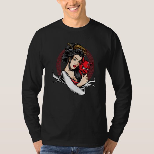Geisha met Oni Mask Devil Demon T-shirt (Voorkant)