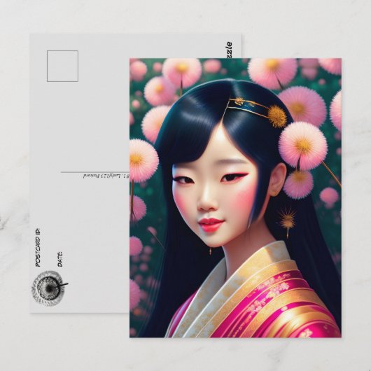 Geisha met paardenbloemen, Postcrossing Briefkaart (Voorkant / Achterkant)