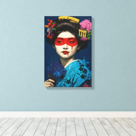 Geisha met rood masker en modern cultureel haarwer canvas afdruk (Insitu (Houten vloer))