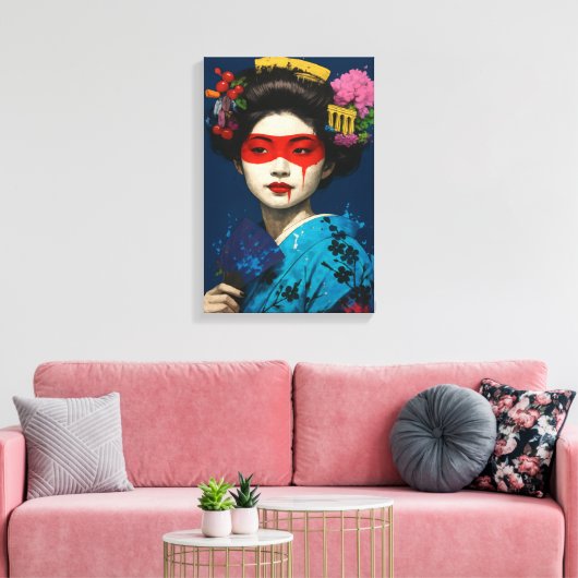 Geisha met rood masker en modern cultureel haarwer canvas afdruk (Insitu (Woonkamer))
