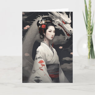 Geisha met witte draak Chinees Nieuwjaar 2024 Feestdagen Kaart