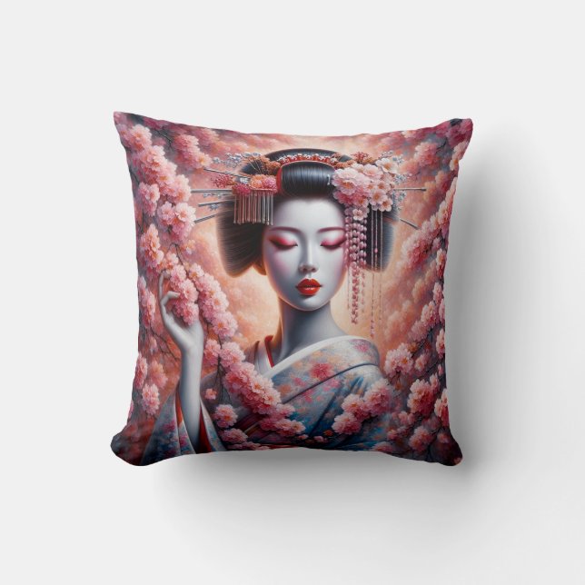 geisha oil painting with cherry blossom kussen (Voorkant)