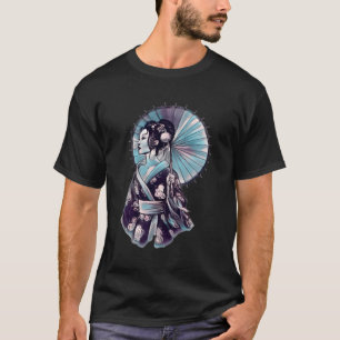 Geisha Parasol Tattoo Samurai Handgetekend T-shirt
