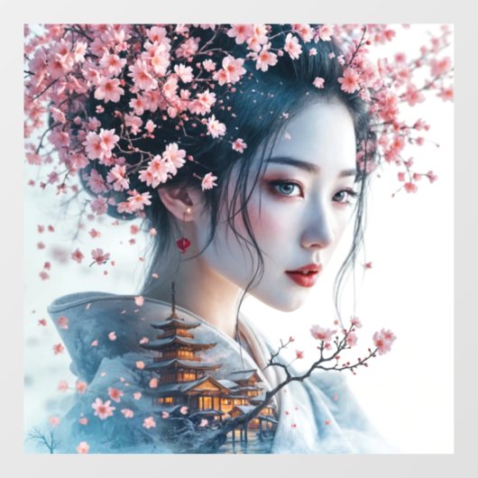  Geisha portrait, cherry blossoms, Japanese art, Raamsticker (Vel)