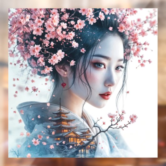 Geisha portrait, cherry blossoms, Japanese art, Raamsticker (Vel 2)