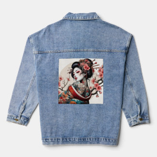 Geisha Portret Denim Jas | Bloemige Kunst op de Ru Jacket