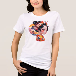 Geisha Portret Japanse Bloemige Tempel Zonsonderga Tri-Blend Shirt