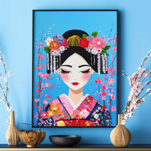 Geisha Portret Kersenbloesem Japanse Muurkunst Poster
