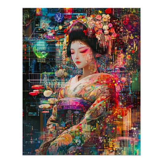 Geisha Poster, Radiant Cyberpunk Android Geisha Perfect Poster (Voorkant)