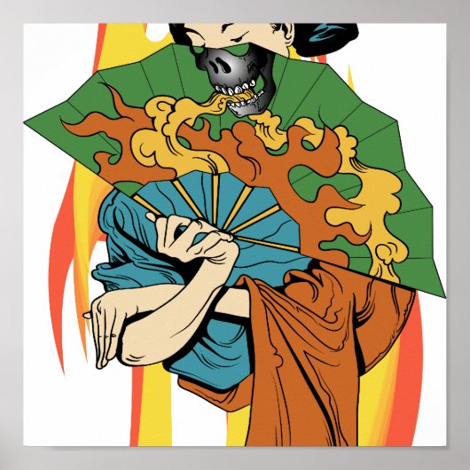 Geisha Print Flame Fire Skull (Voorkant)
