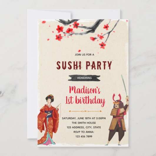 Geisha samurai sushi party suitnodiging kaart (Voorkant)