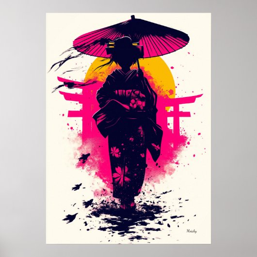 Geisha Silhouet bij Zonsondergang – Traditionele E Poster (Voorkant)