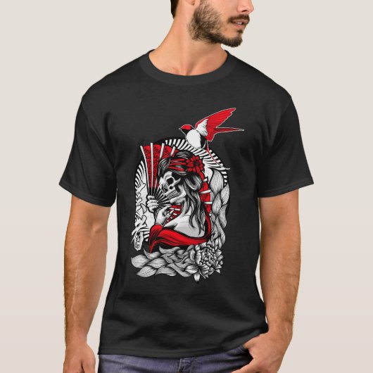 Geisha skelet koningin vogel t-shirt (Voorkant)