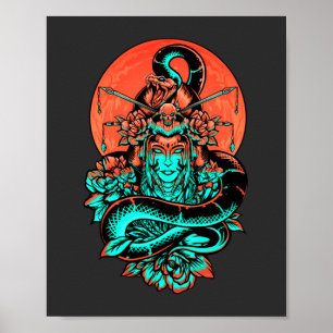 Geisha Tattoo verbrand sinaasappel en zwart Poster