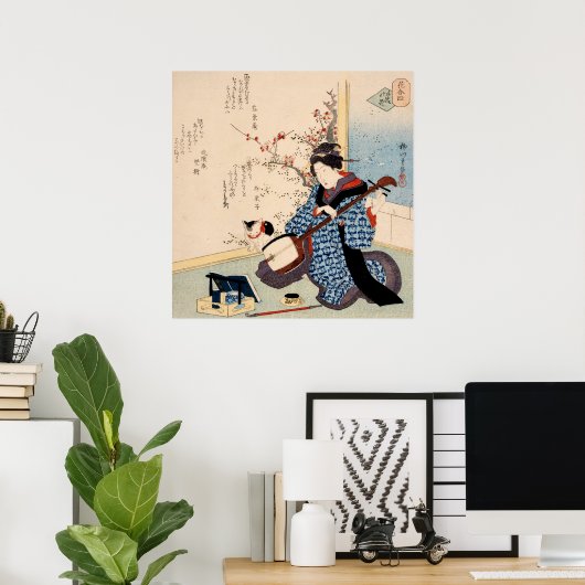 Geisha Tuning a Samisen  Japanse Druk Poster (Thuiskantoor)
