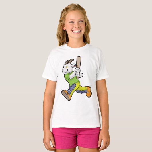 Geit als Batsman met cricket bat T-shirt (Voorkant volledig)
