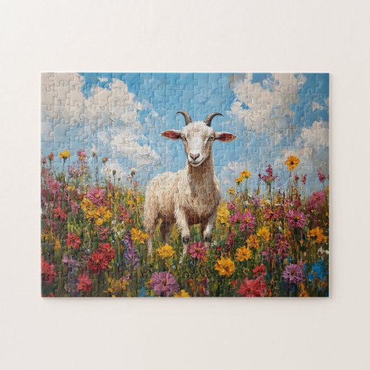 Geit in een Wildflower Field schilderij Legpuzzel (Horizontaal)