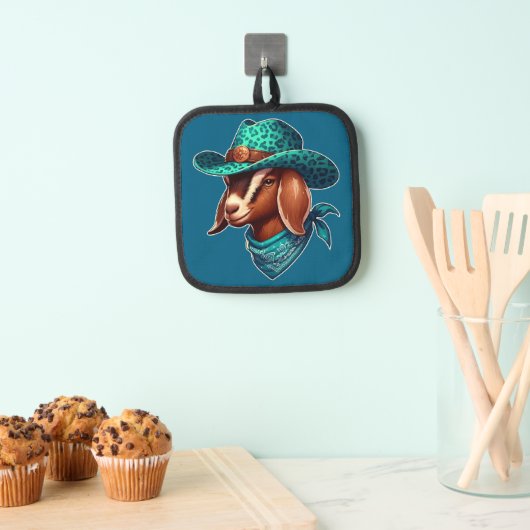 Geit met een stijlvol cowboy Pet en bandana Pannenlap (Insitu(Ophanging))