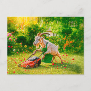 Geit vernietigt tuin met grasmaaier feestdagenkaart