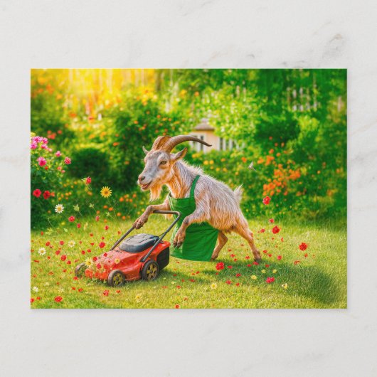 Geit vernietigt tuin met grasmaaier feestdagenkaart (Voorkant)