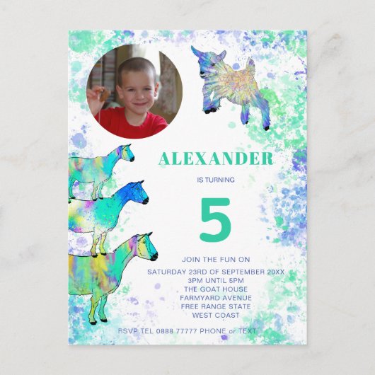 Geiten Boerderij Dierenkunst 5e Verjaardag Foto Bu Uitnodiging Briefkaart (Voorkant)