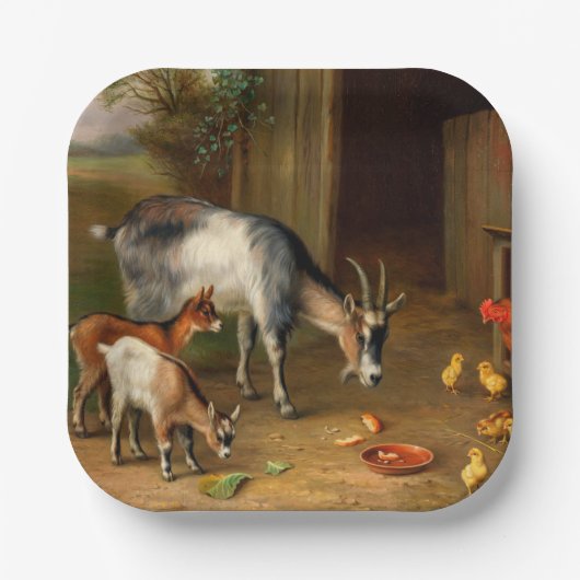 Geiten en kippen bij de Boerderij Papieren Bordje (Voorkant)