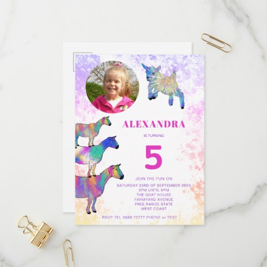 Geiten kleurrijk 5e verjaardag Foto Roze Uitnodiging Briefkaart (Voorkant / Achterkant in situ)