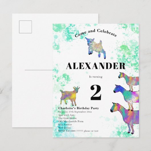 Geiten van geboorte, kleurrijke Waterverf Uitnodiging Briefkaart (Voorkant / Achterkant)