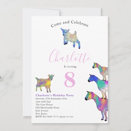 Geiten Waterverf Birthday Party Pink Kaart (Voorkant)
