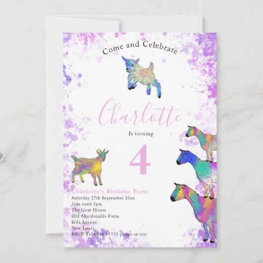 Geiten Waterverf Meisjes Birthday Party Pink Kaart (Voorkant)