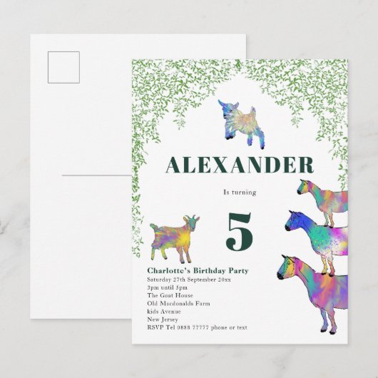 Geiten Waterverf olievlek Birthday Uitnodiging Briefkaart (Voorkant / Achterkant)