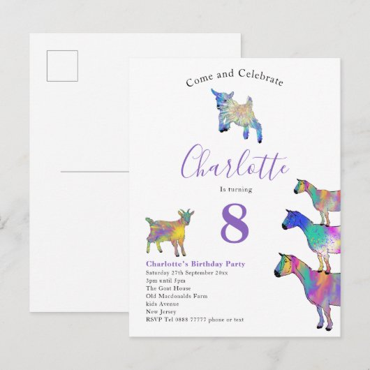 Geiten Waterverf van Birthday Party Paars Uitnodiging Briefkaart (Voorkant / Achterkant)
