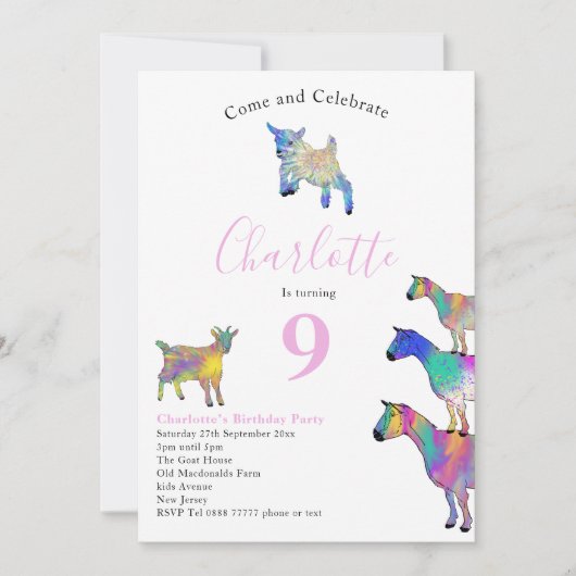 Geitenberg negende verjaardag roze kaart (Voorkant)