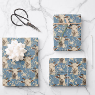 Geitenkoppen & bloemen op blauw inpakpapier vel