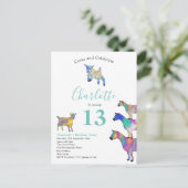 Geitenpartij 13e verjaardag uitnodiging briefkaart (Staand voorkant)