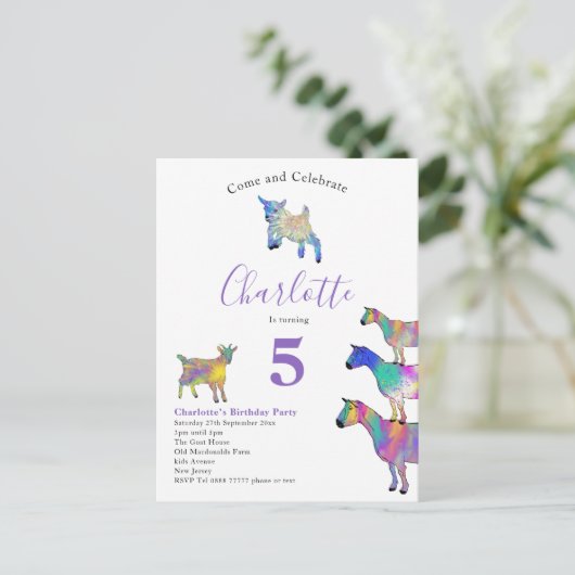 Geitenziekte waterverf Girls Birthday Party Paars Uitnodiging Briefkaart (Staand voorkant)