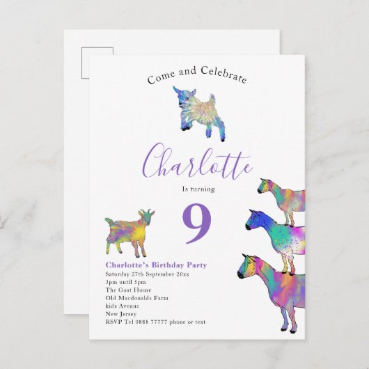 Geitenziekte Waterverf van Birthday Paars Uitnodiging Briefkaart (Voorkant / Achterkant)