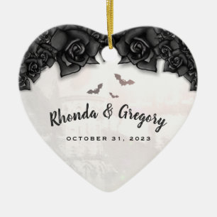 Geitic Black Rozen & Bats Halloween Wedding Heart Keramisch Ornament