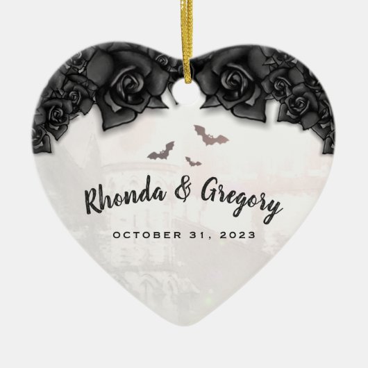 Geitic Black Rozen & Bats Halloween Wedding Heart Keramisch Ornament (Voorkant)